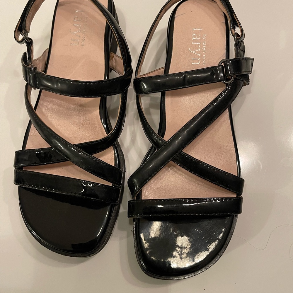 Black Patent Leather Sandals. Velcro adjustments make shoes flexible